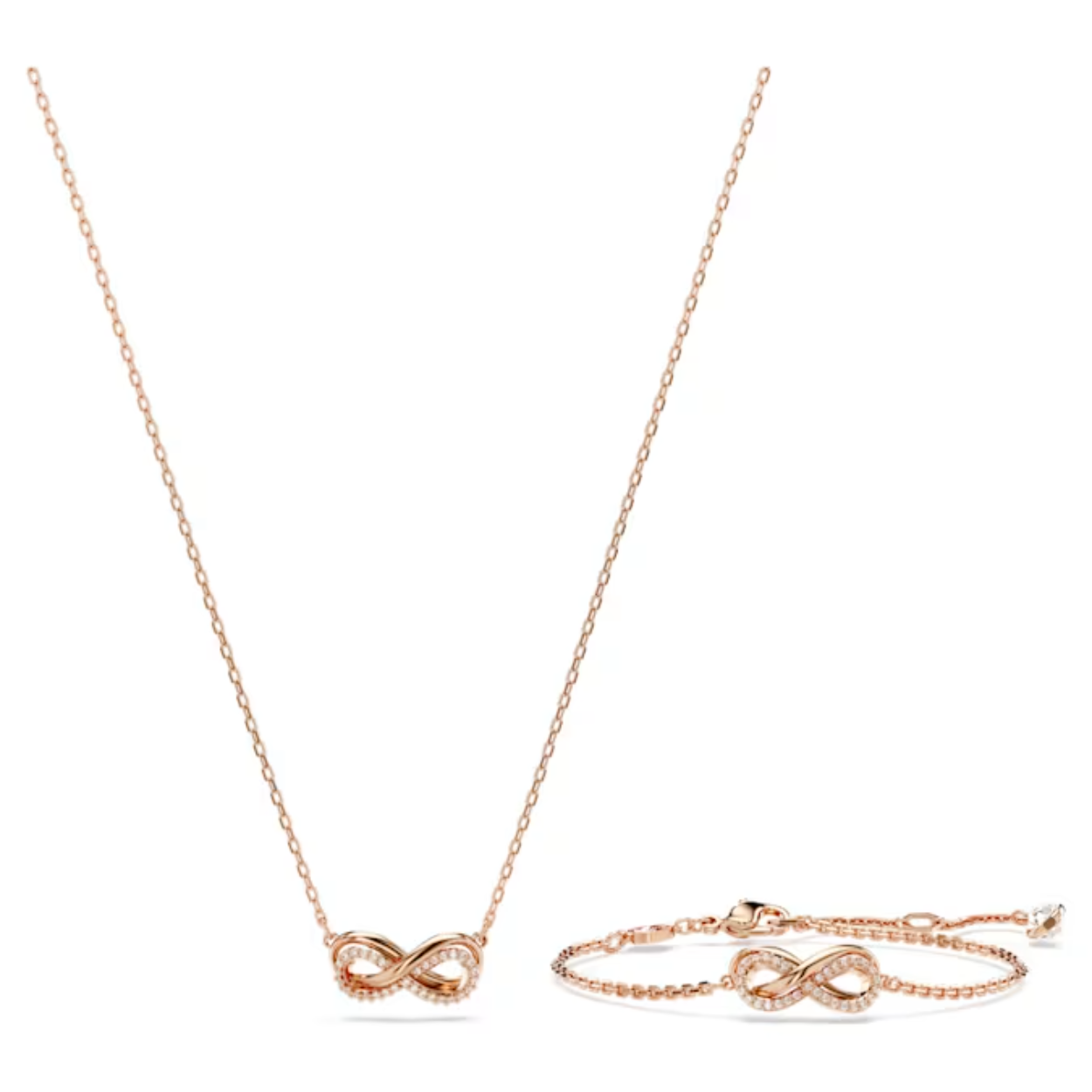 Draag uw sieraden in lagen met de eeuwige schoonheid van Swarovski’s Hyperbola-sieraden. De set met roségoudkleurige toplaag bestaat uit een hanger en armband. Op beide sieraden prijkt een tijdloos oneindigheidssymbool. De motieven zijn voorzien van een pavé van heldere kristallen met een enkele Swarovski Zirkonia in het verlengstuk van elke ketting. Een bij elkaar passende set met een luxe uitstraling.

Artikelnr.: 5682483
Collectie:  Hyperbola
Ketting lengte: 38 - 45 cm
Armband lengte: 15.5 - 19.5 cm
Materiaal:  Kristallen, Roségoudkleurige toplaag, 
Kleur:  Wit
Type sluiting:  Karabijn