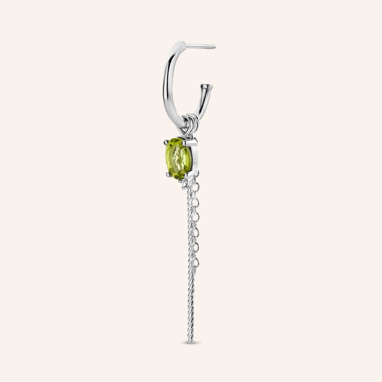 Hoops, featuring an oval peridot gemstone and a crisp diamond, twinkling bright as the sunny reflections in the aquamarine sea. A playful chain and twisted ornament complete the set, capturing the mesmerizing movement and soothing sound of soft waves breaking upon the shore. 

Styling tip: Match with our Gelato hoops for the tastiest of looks