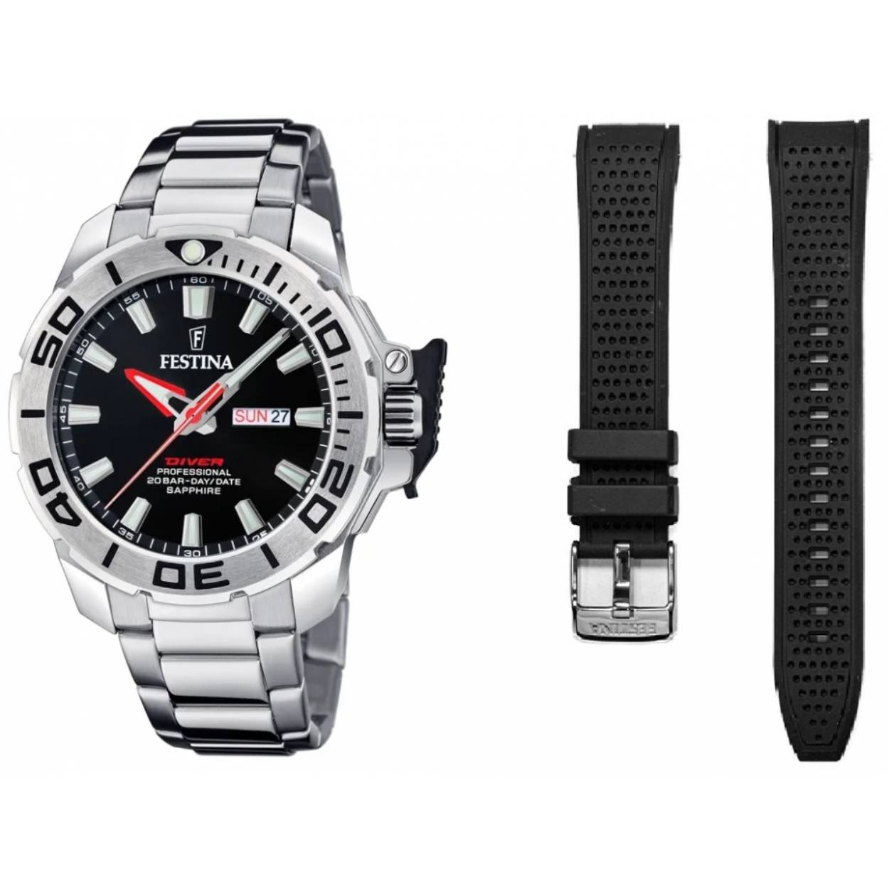 Herenuurwerk van Festina uit de 'Diver' collectie
Professioneel duikersuurwerk met een waterdichtheid van 20 ATM
Donkerblauwe wijzerplaat  met lichtgevende wijzers en indexen en dag/datumaanduiding
Vergrendeling aan de kroon
Dit uurwerk wordt geleverd in een geschenkbox met een extra zwarte siliconenband.