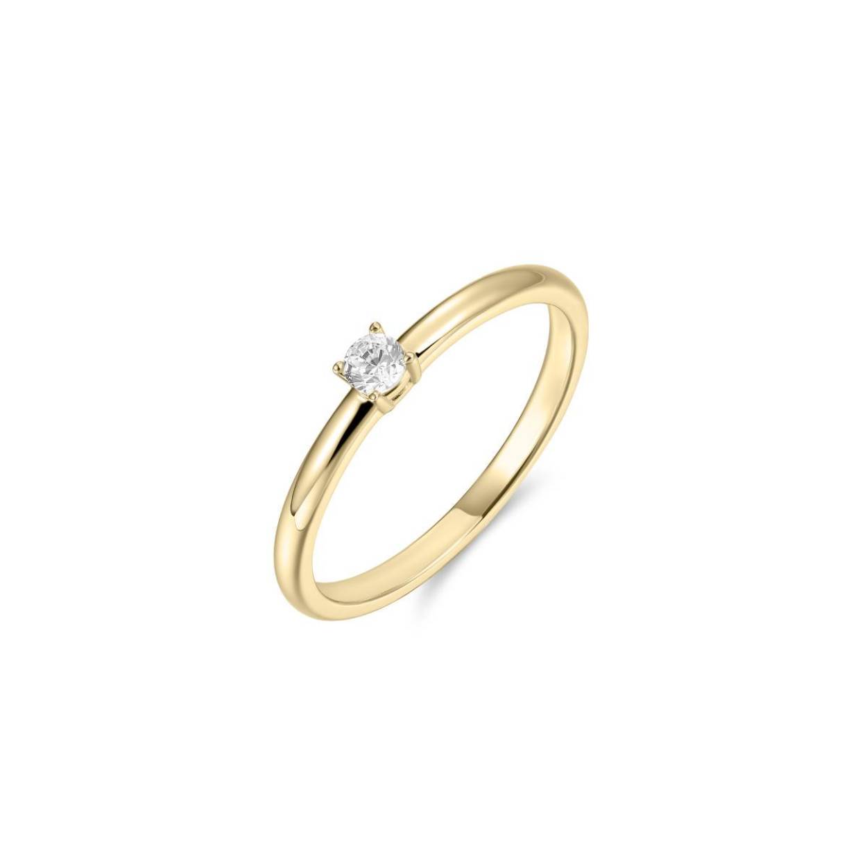 14k geelgouden ring met een, briljant geslepen, diamant( 0.11crt)  gezet in een chaton met vier zetpoten