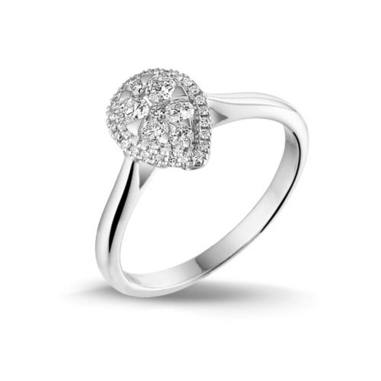 14 Karaat witgouden entourage ring pavé gezet in druppelvorm met 0.29 caraat briljant H/SI.