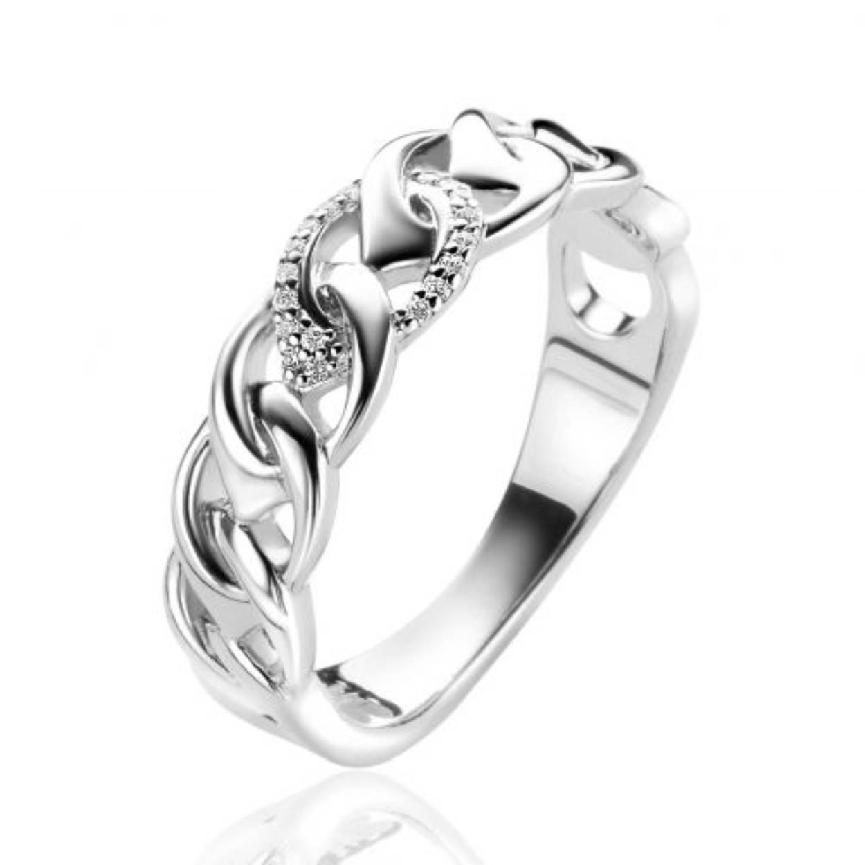 ZINZI zilveren elegante ring van 6mm breed, met open peervormige schakels om en om bezet met witte zirconia's. Exclusief ontworpen door mode-ontwerper Mart Visser. Deze zilveren ring draagt herkenbaar de signatuur van Mart Visser. Vervaardigd van eerste gehalte zilver (925) en met extra rodiumlaag voor een langdurige glans.