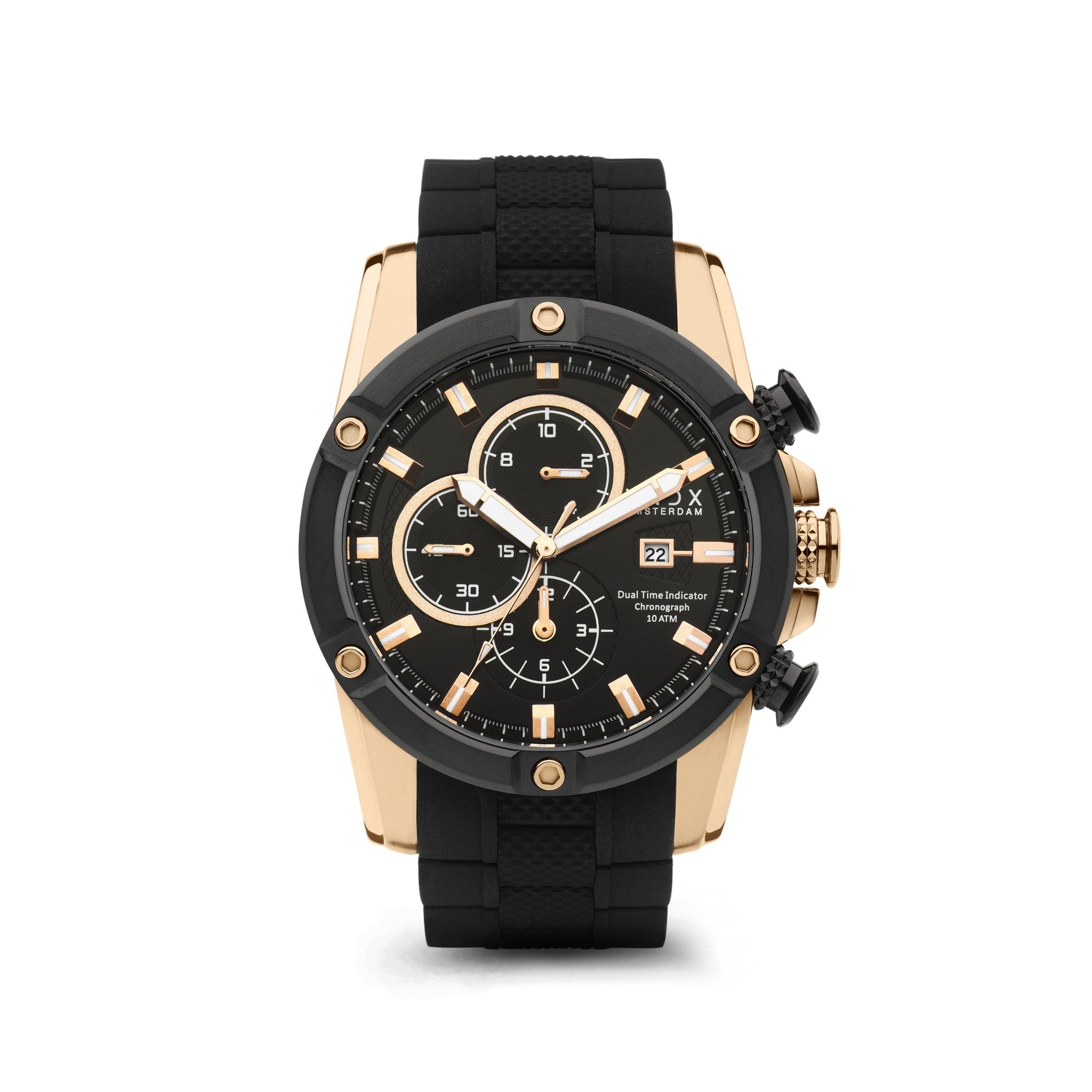 Dit prachtige horloge om je pols geeft je een ongeëvenaard gevoel van stijl en kracht. Draag het met trots en plezier, schitter als een icoon. Dit horloge tikt als het ritme van de stad. De combinatie van de zwarte siliconen band met de eigentijdse stalen behuizing met rosé gouden details geven dit horloge een stoer en toch warm uiterlijk. Dit is waar je avontuur begint. Never too late!