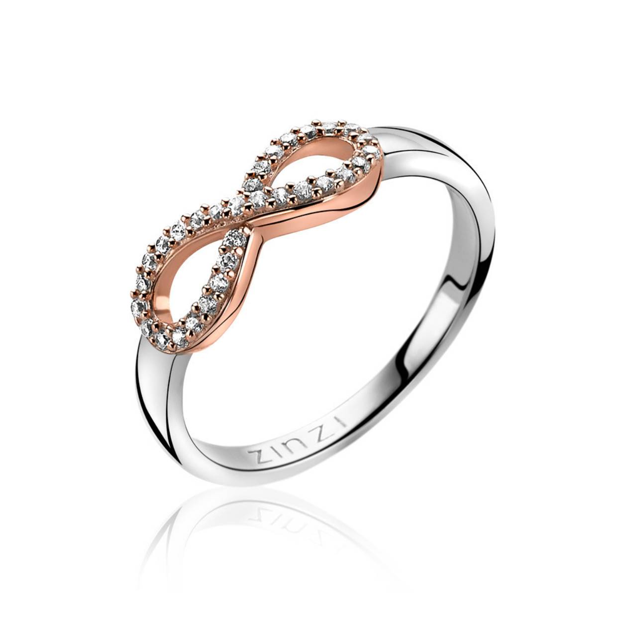 ZINZI zilveren ring met het Infinity teken als zetting en vol bezet met witte zirconia's. "Infinity" is een mooi teken, dat staat voor de eeuwige liefde & eeuwige schoonheid. De ring is vervaardigd van eerste gehalte zilver (925) en met extra rodiumlaag voor mooie glans.