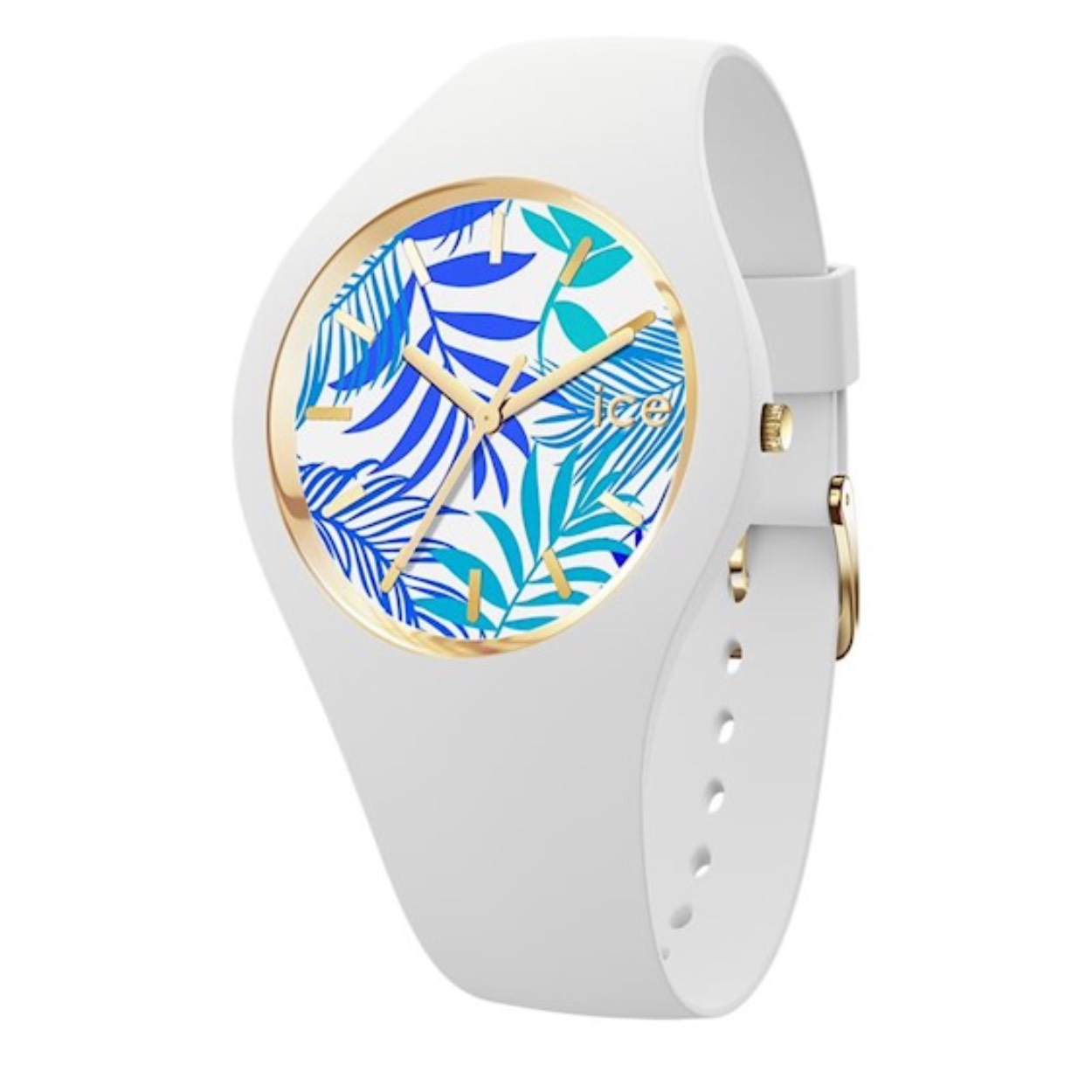 Ice-Watch ICE flower IW020517 40mm
Dit unieke horloge van Ice-Watch uit de ICE flower serie Turquoise leaves met nummer IW020517 heeft een gladde witte doorlopende siliconen band met goudkleurige gesp die het uurwerk omringt. Op de witte wijzerplaat is een afbeelding van blauwgroene bladeren te zien en de uursaanduiding is dmv goudkleurige strepen en wijzers. Het horloge heeft een doorsnee van 40mm een mineraalglas en is 10 ATM.

Het Merk:
Ice-Watch is een Belgisch merk van polshorloges. Al sinds 2007 ontwerpt en produceert Ice-Watch de meest opvallende collecties in kleurrijke en stoere modellen voor jong en oud. Het motto van het merk is "Change. You can." De horloges van Ice-Watch zijn vrolijk opvallend en met een knipoog. De kleuren en bijzondere wijzerplaten spatten haast van de horloges af waardoor deze altijd een bijzondere indruk achterlaten.

Specificaties:
- Ronde kastvorm
- Quartz uurwerk
- 10 ATM (Regen- & spatwaterdicht)
- Kleur horlogeband: Wit
- Siliconenband
- Mineraalglas
- � 40mm

