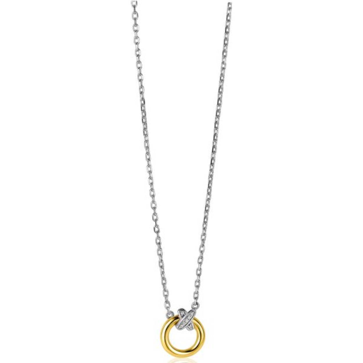 zilveren zinzi collier met zirkonia's en gedeeltelijk geelverguld. 45cm