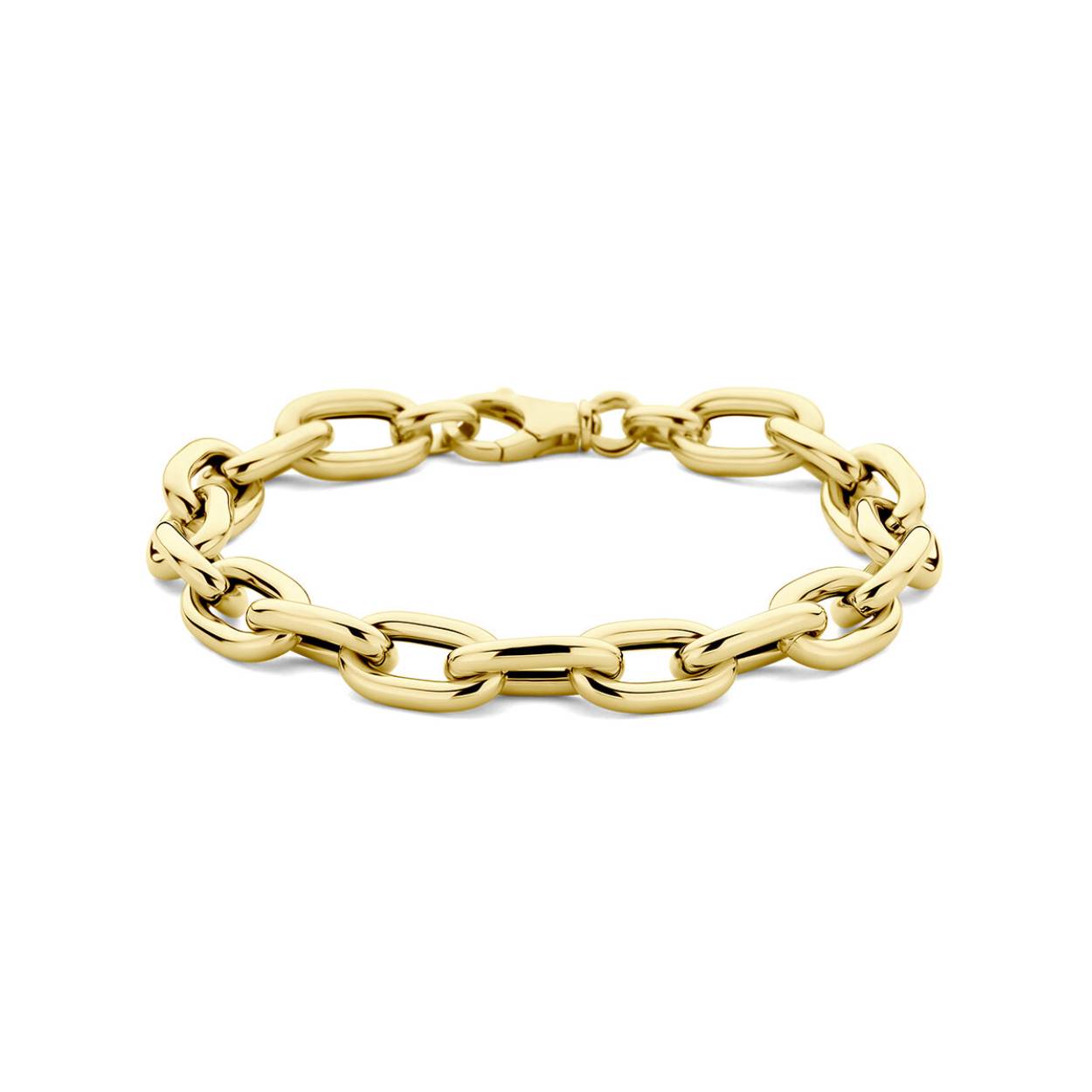 14k Geelgouden armband met een draaglengte van 19cm. De schakelbreedte is 8.5mm. Uitgevoerd met een karabijn sluiting.