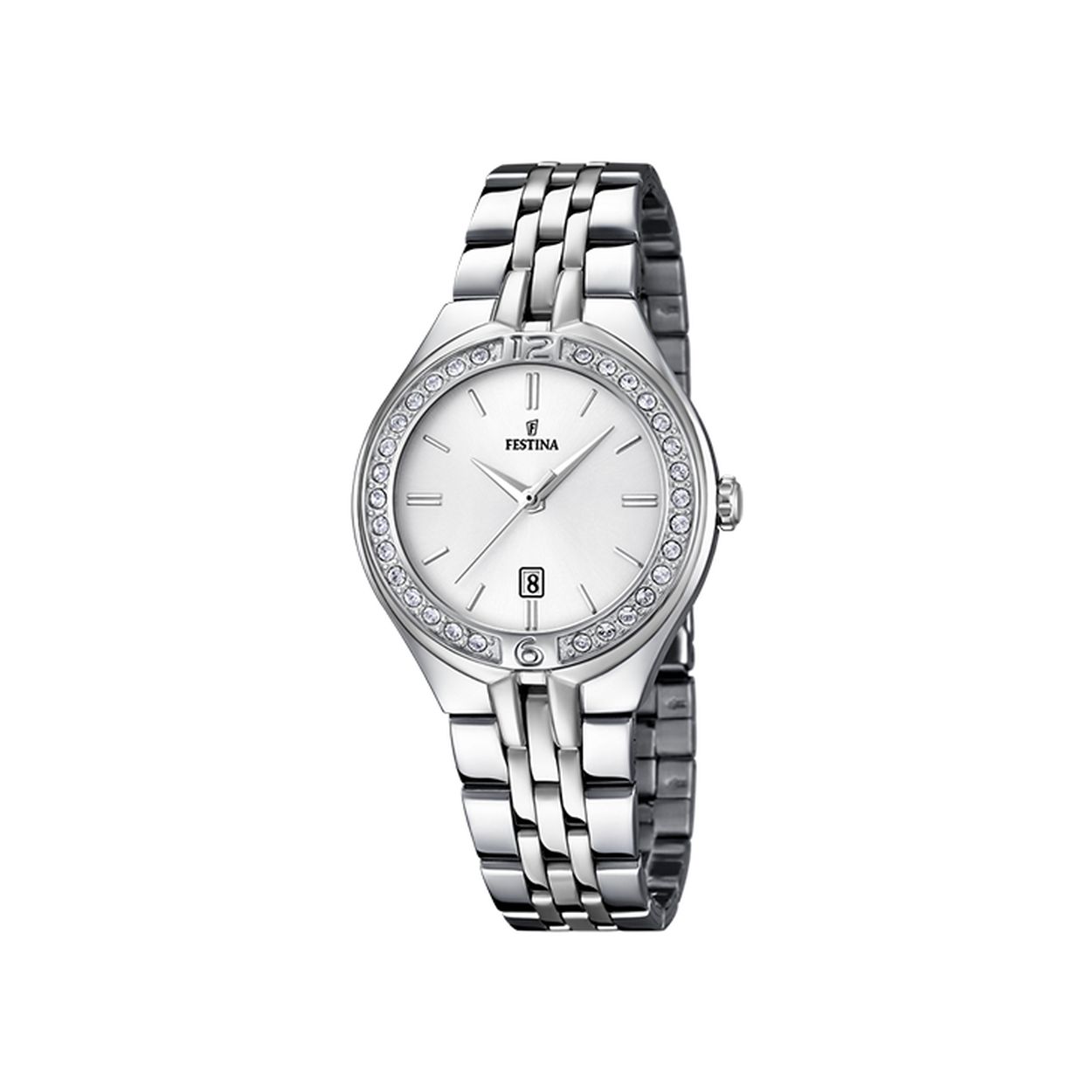 Festina damesuurwerk
Collectie: Mademoiselle
Zilverkleurige band in edelstaal
Zilverkleurige kast in edelstaal met zirkonium
Witte wijzerplaat met datumaanduiding 
Waterdichtheid: 5 ATM