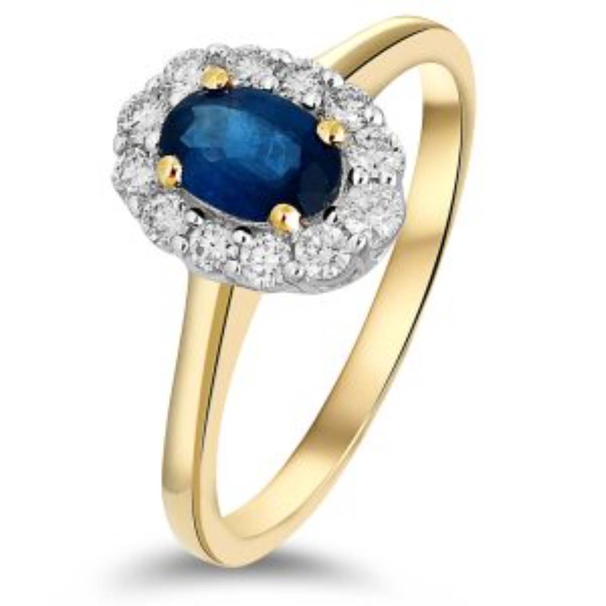 Geel gouden 14 karaat ring, gezet met 0.30crt ovale saffier en daarom omheen briljant gezet.
