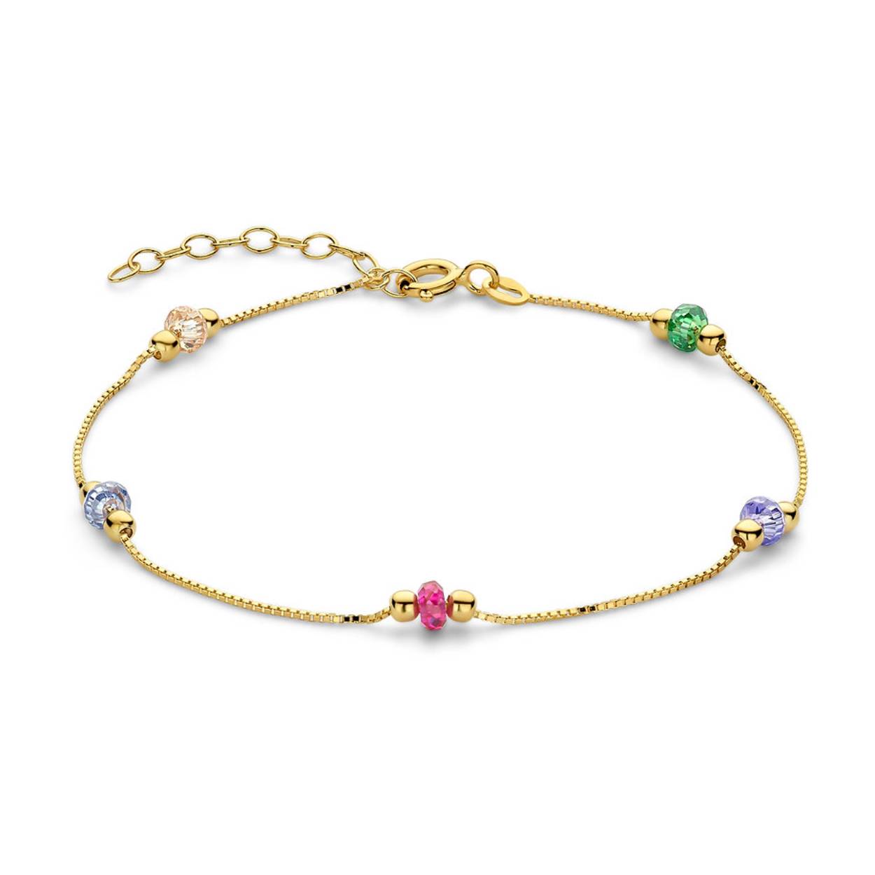 Deze prachtige Joy & Julia armband is gemaakt van 14 karaats goud en is versierd met zirkonia in verschillende kleuren. De armband heeft een opvallend en kleurrijk design en is perfect voor het toevoegen van een vleugje glamour aan elke outfit. Draag deze armband alleen voor een chique look of combineer hem met andere armbanden voor een trendy gelaagde look. Ideale accessoire voor elke gelegenheid.