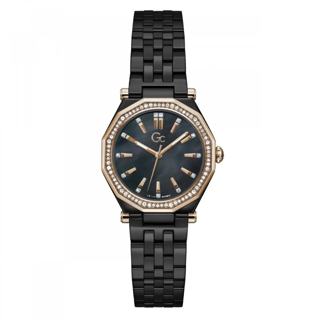 Uit de Gleam collectie van Gc, de vernieuwde versie van een eerder succesvol damesmodel, dit zwarte keramieke horloge met donkerblauwe parelmoer wijzerplaat. De keramiek zwarte band geeft het horloge niet alleen een stoere uitstraling, het kan ook niet krassen. Stijl en functionaliteit! De roségouden details en de kristallen op de hoekige lunet maken dit horloge helemaal af. 