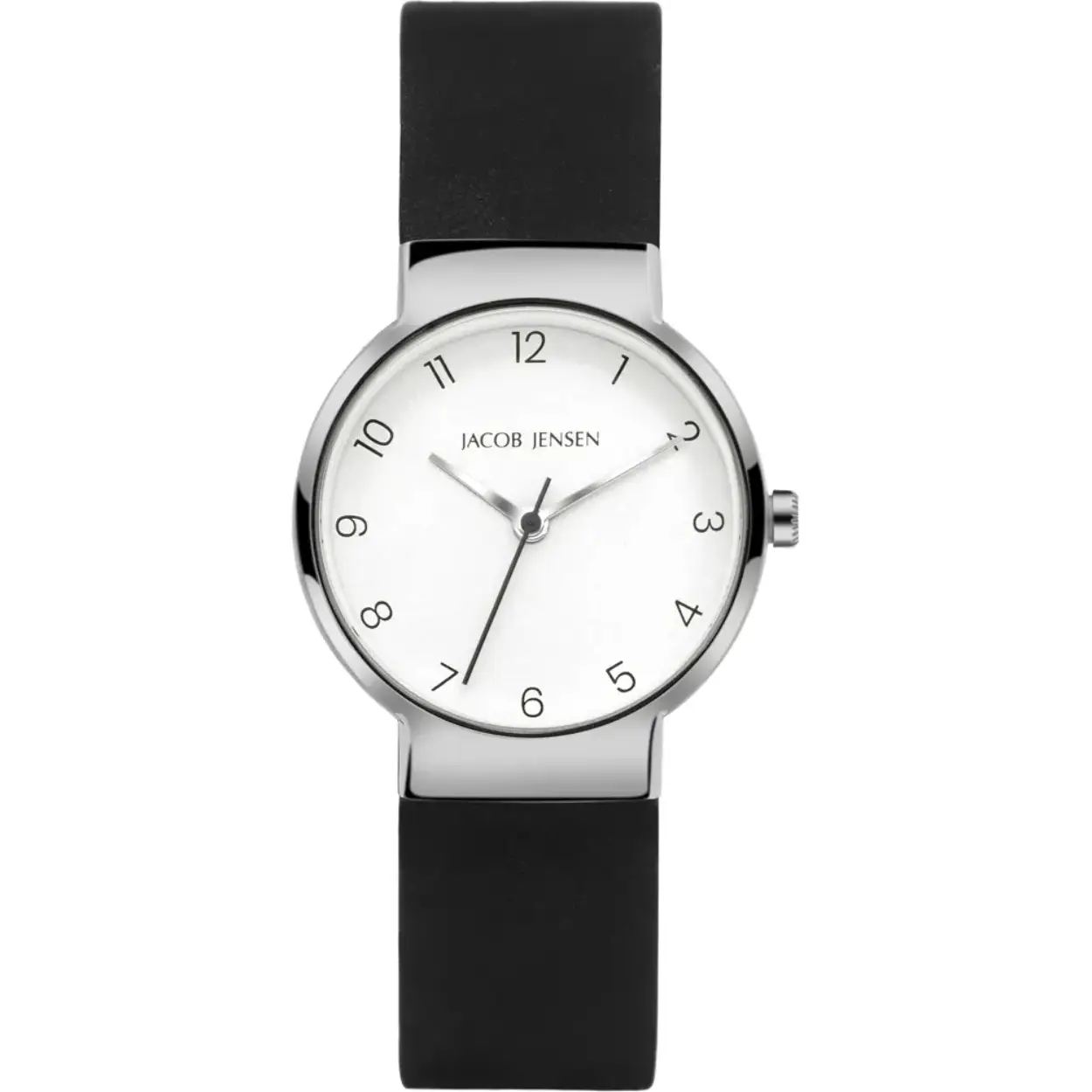 Jacob Jensen Timless Nordic JJ191. A great watch made from durable and strong materials. The titanium watch case is skin-friendly and also very lightweight. The 29mm wide JJ190 watch also features a sapphire crystal, stripe index and a reliable quartz movement. The rubber strap is flexible and adjustable in different sizes.