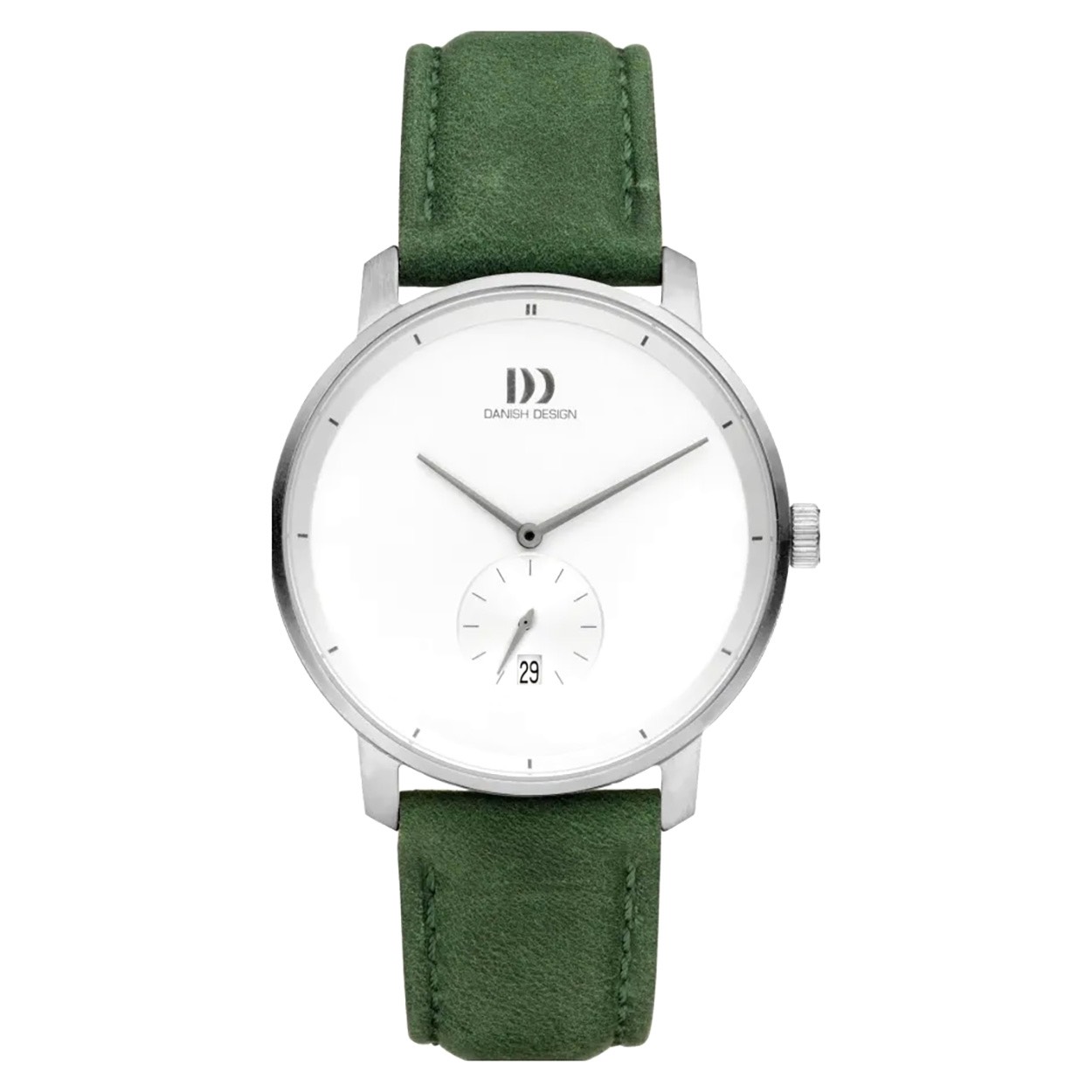 Een stalen horloge met groen leren band