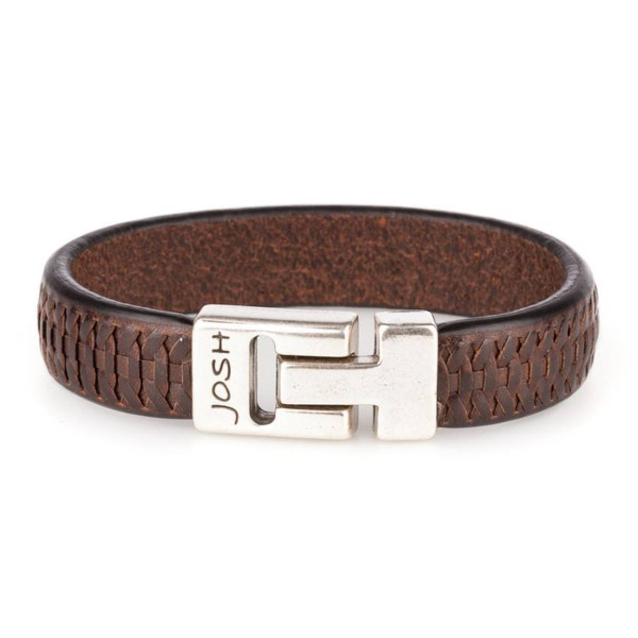 Josh armband leder verzilverd gevlochten 24535-BRA/S/COGNAC/L 