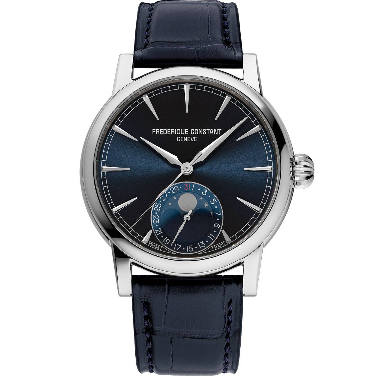 Dit Frederique Constant horloge behoort tot de Manufacture Moonphase collectie.
Referentienummer: FC-716N3H6

Dit Frederique Constant horloge is uitgerust met een nieuw manufacture uurwerk. Het automatische FC-716 uurwerk heeft een gangreserve van 72 uur en een maanfase. De maanfase blend prachtig in met de blauwe sunburst wijzerplaat en delicate wijzers. Het horloge heeft een stalen kast en een blauwe leren band. De kast heeft een diameter van 40MM en is getest op een waterdichtheid tot 5 ATM / 50 M. Het horloge is voorzien van een krasbestendig saffierglas aan beide zijden.

Het in eigen huis ontwikkelde FC-716 uurwerk is tot 5 jaar na aankoop beschermd onder fabricagegarantie!