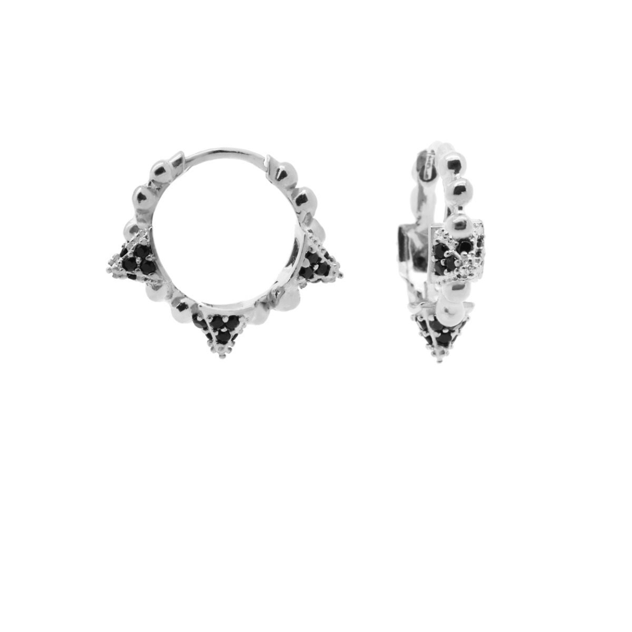 Plain Black Zirconia Hinged Hoops Triple Studs 13MM Silver