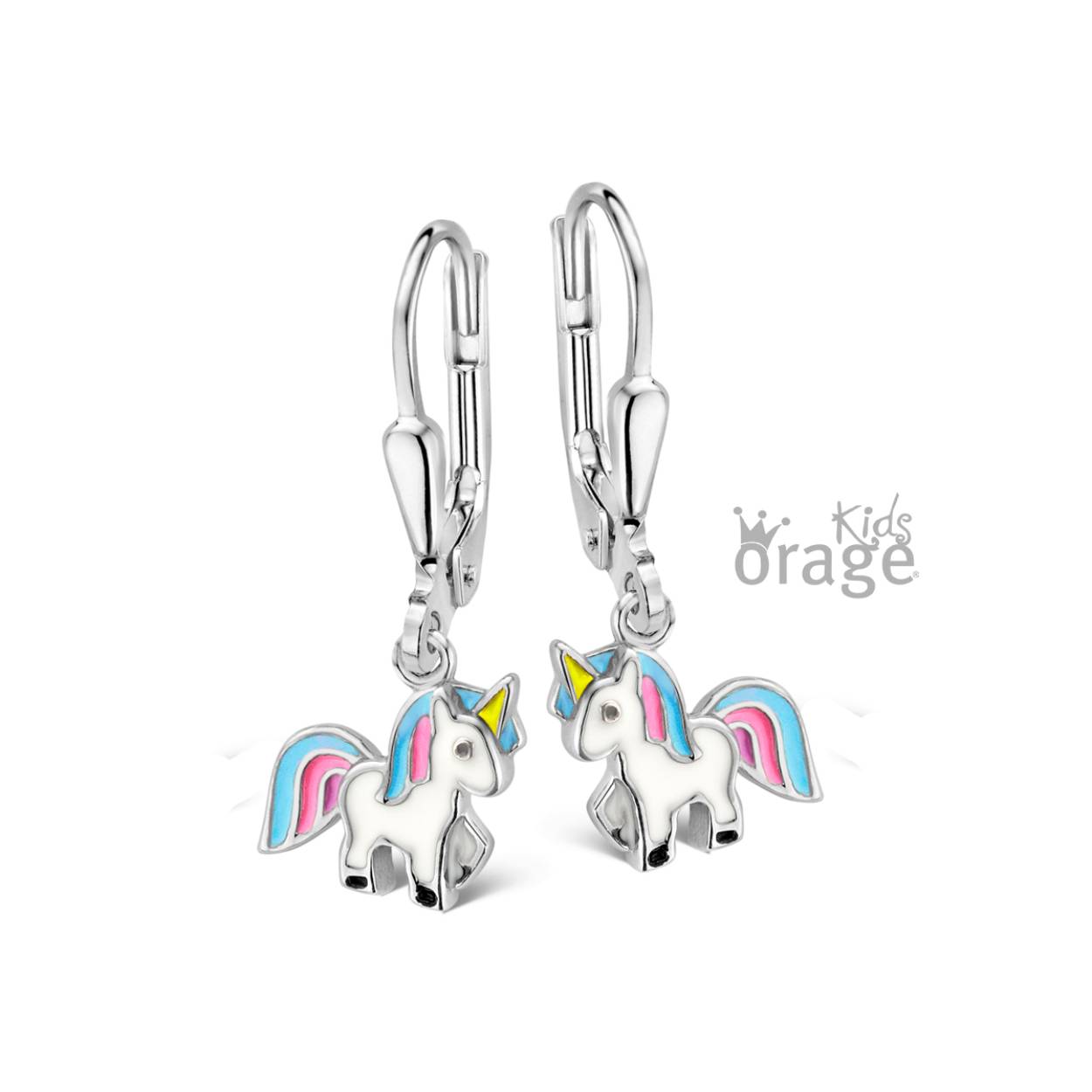 Zilveren oorhangers 'unicorn wit/blauw/roze' van Orage kids.
Bijhorende ketting en oorstekers ook verkrijgbaar