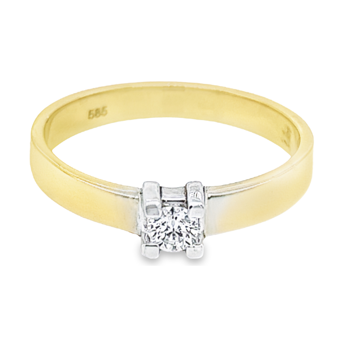 Deze geel gouden ring heeft een werkelijk schitterende uitstraling. De briljant geslepen diamant zorgt voor deze prachtige schittering. Het totaal karaat gewicht is 0,15 en de briljant is van goede kwaliteit met zuiverheid SI1 en kleur White Wesselton. De zetpoten zijn van bovenaf witgoud van kleur waardoor de briljant schittering extra mooi wit van kleur is. Deze ring is erg solide gemaakt en de scheen is erg stevig.