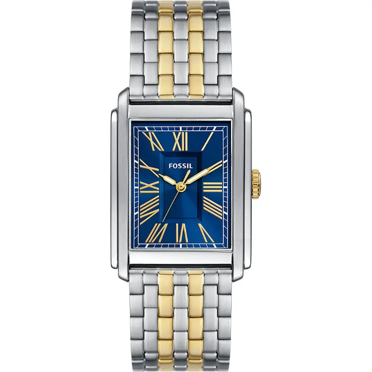 Dit Fossil horloge, uit de Carraway collectie, heeft een stalen kast en bicolor stalen band. De wijzerplaat is blauw met goudkleurige indexen en wijzers.