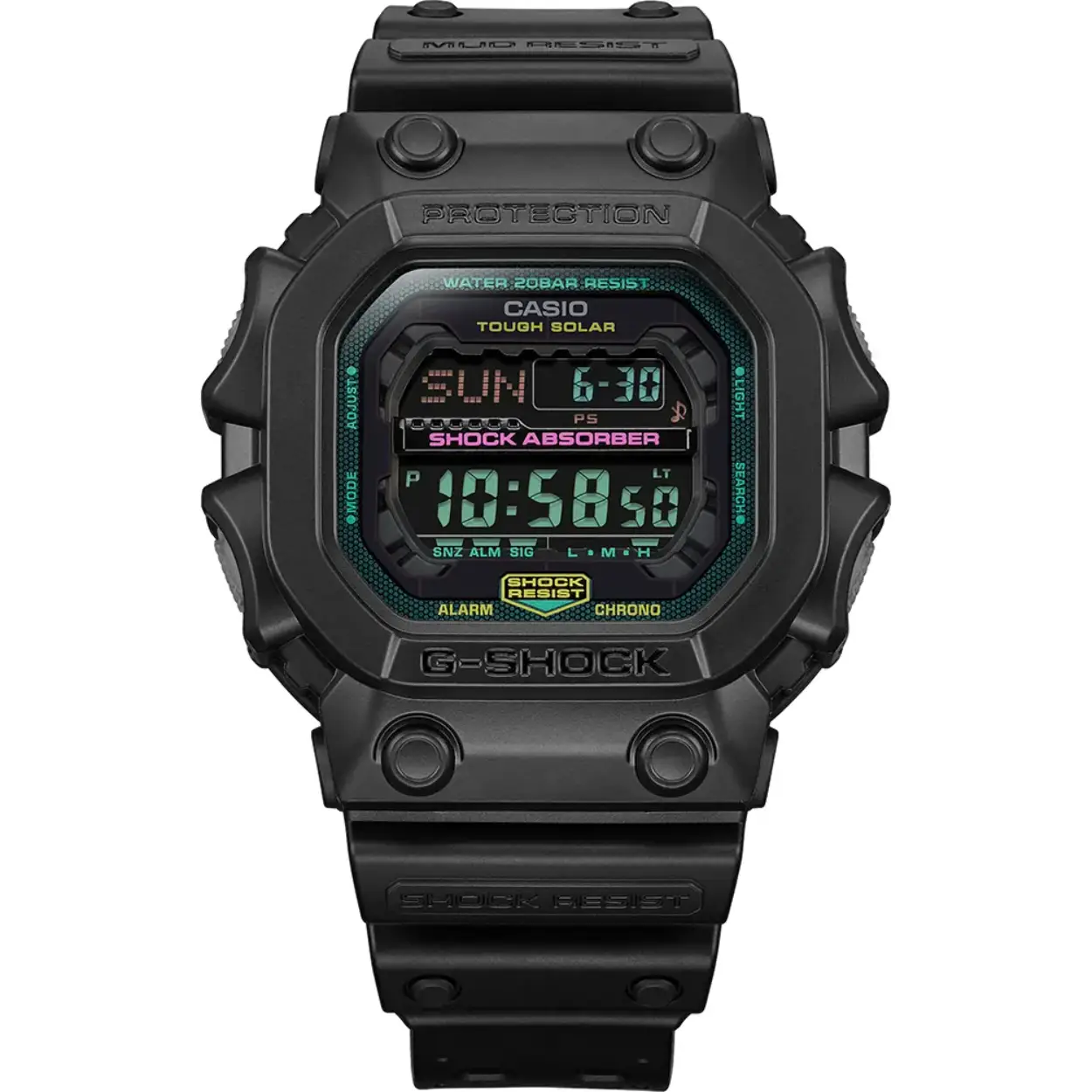 De G-Shock Classic Style GX-56MF-1ER Horloge beschikt over fluorescerende accenten, een datumaanduiding, een robuuste polsband in zwart, en een grote kastmaat van 53,6 mm. De behuizing is van plastic en siliconen. Het is een polshorloge dat niet antiallergisch is. Draag het als een stijlvolle en opvallende accessoire voor dagelijks gebruik.