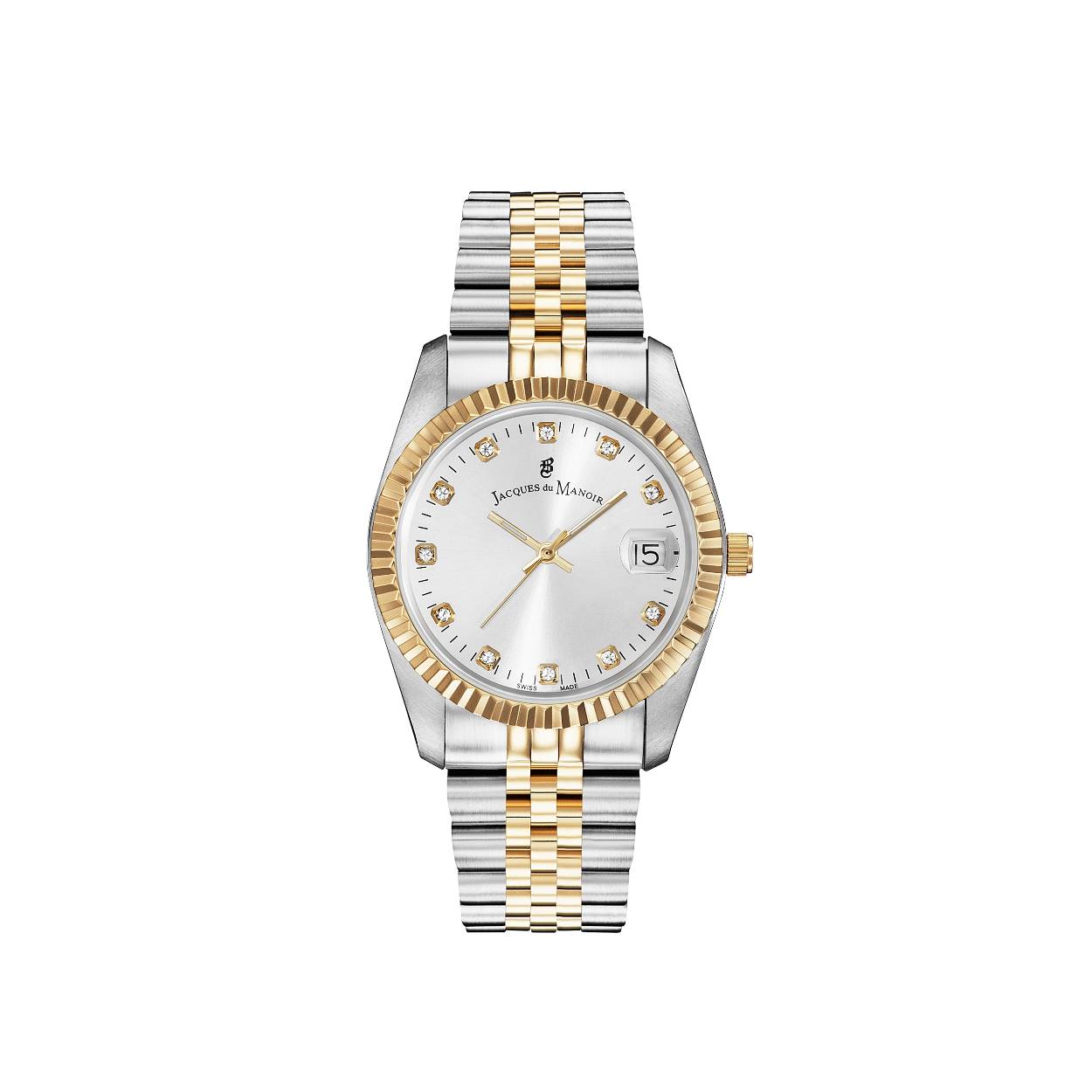 De JdM horl st 36mm, model NRO07, is een elegante horloge met Zwitserse quartz-mechanisme. Kenmerken zijn onder andere een analoge weergave, datumfunctie, waterbestendigheid van niveau 5, en een ronde edelstalen kast met mineraalglas. De zilver met goudkleurige wijzerplaat is versierd met ornamentale diamanten. Perfect te dragen als chique polshorloge voor speciale gelegenheden.