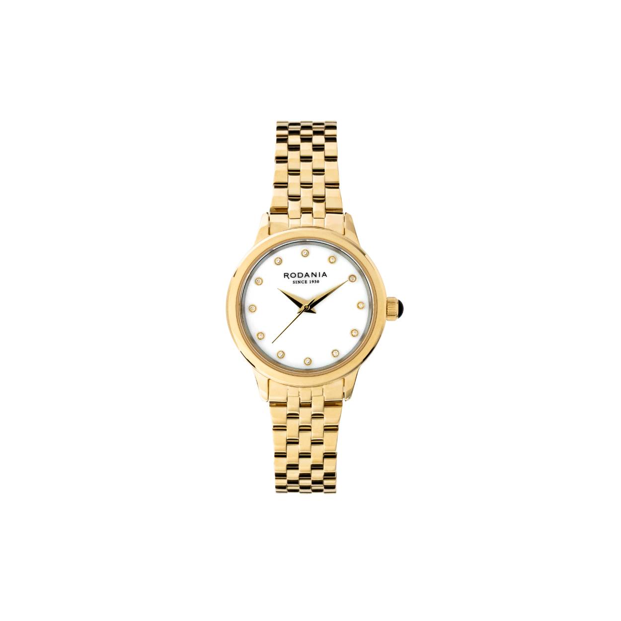Dames horloge met goudkleurige band .
Wijzerplaat voorzien van steentjes.