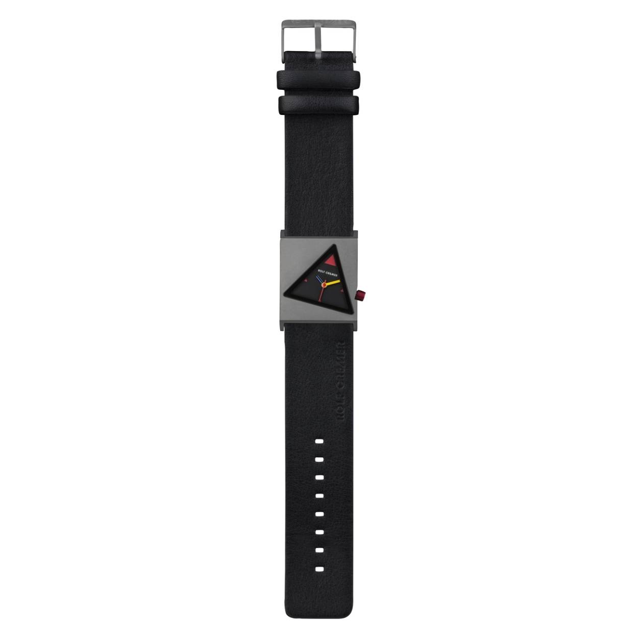 Een titanium horloge met zwart leren band.