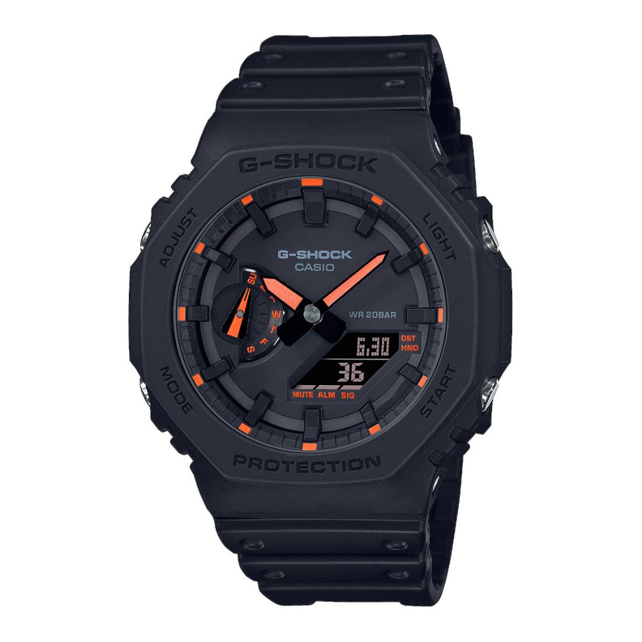  Casio G-Shock horloge. Analoog/digitaal. Zwarte band en kast. Oranje accenten. Stopwatch, wereldtijden en alarm. 