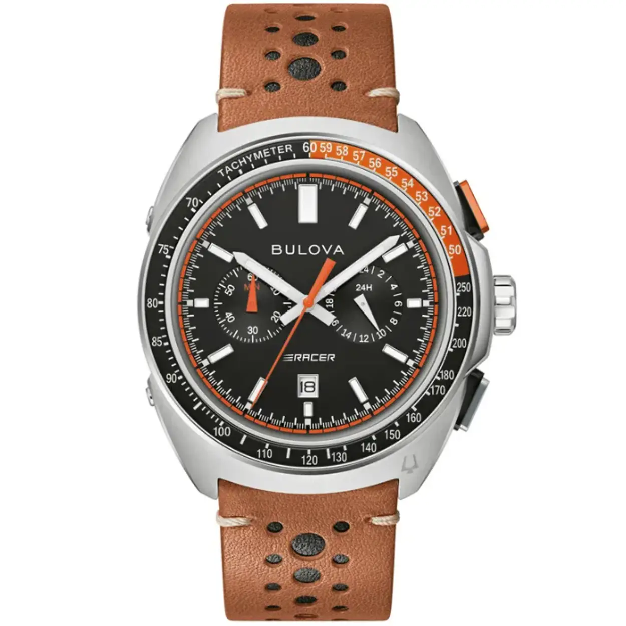 Het Bulova 98B427 Racer horloge uit de Performance collectie is een sportief model met unieke uitstraling. Dit solide horloge heeft een edelstalen horlogekast en een bruine leren band. Het krasvaste saffierglas zorgt voor helder zicht op de bijzondere wijzerplaat met details die doen terugdenken aan sportauto's in de jaren 60.