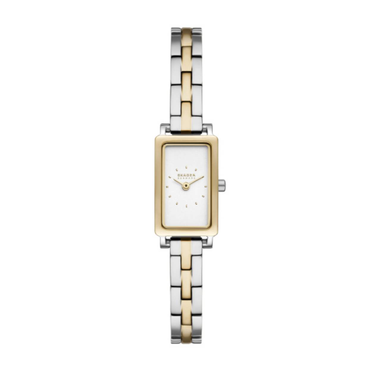 Deze Hagen Micro van 31mm heeft een witte gezandstraalde wijzerplaat, uurwerk met twee wijzers en een tweekleurig roestvrijstalen bandje. Het horlogebandje is niet verwisselbaar.