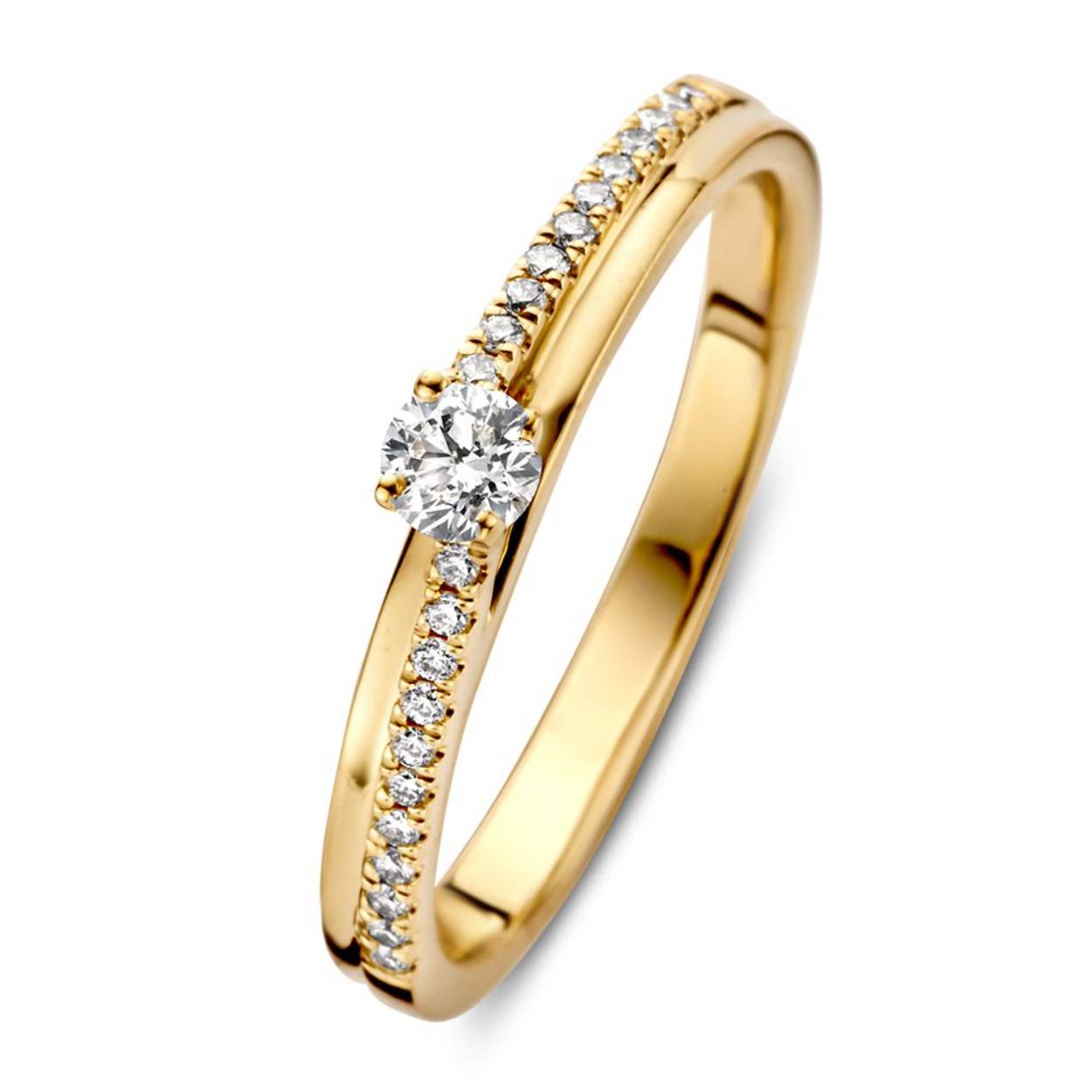 14krt Geelgouden ring met strakke banen, gezet met diamant. Een briljant geslepen diamant vormt het fonkelende middelpunt. 