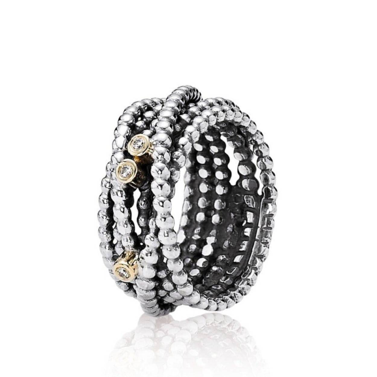 zilver ring met 3 diamantjes in gouden zetkastjes