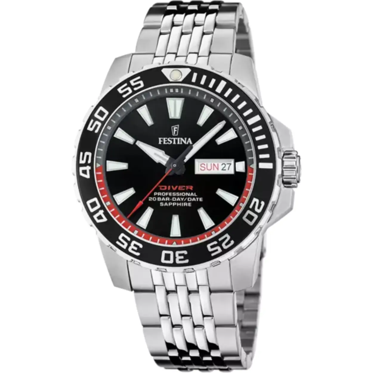 Herenuurwerk van Festina uit de 'Diver' collectie
Zilverkleurige band en kast in edelstaal
Zwarte wijzerplaat met dag/datumaanduiding
Lichtgevende wijzers en indexen
Saffierglas
Waterdichtheid: 20 ATM