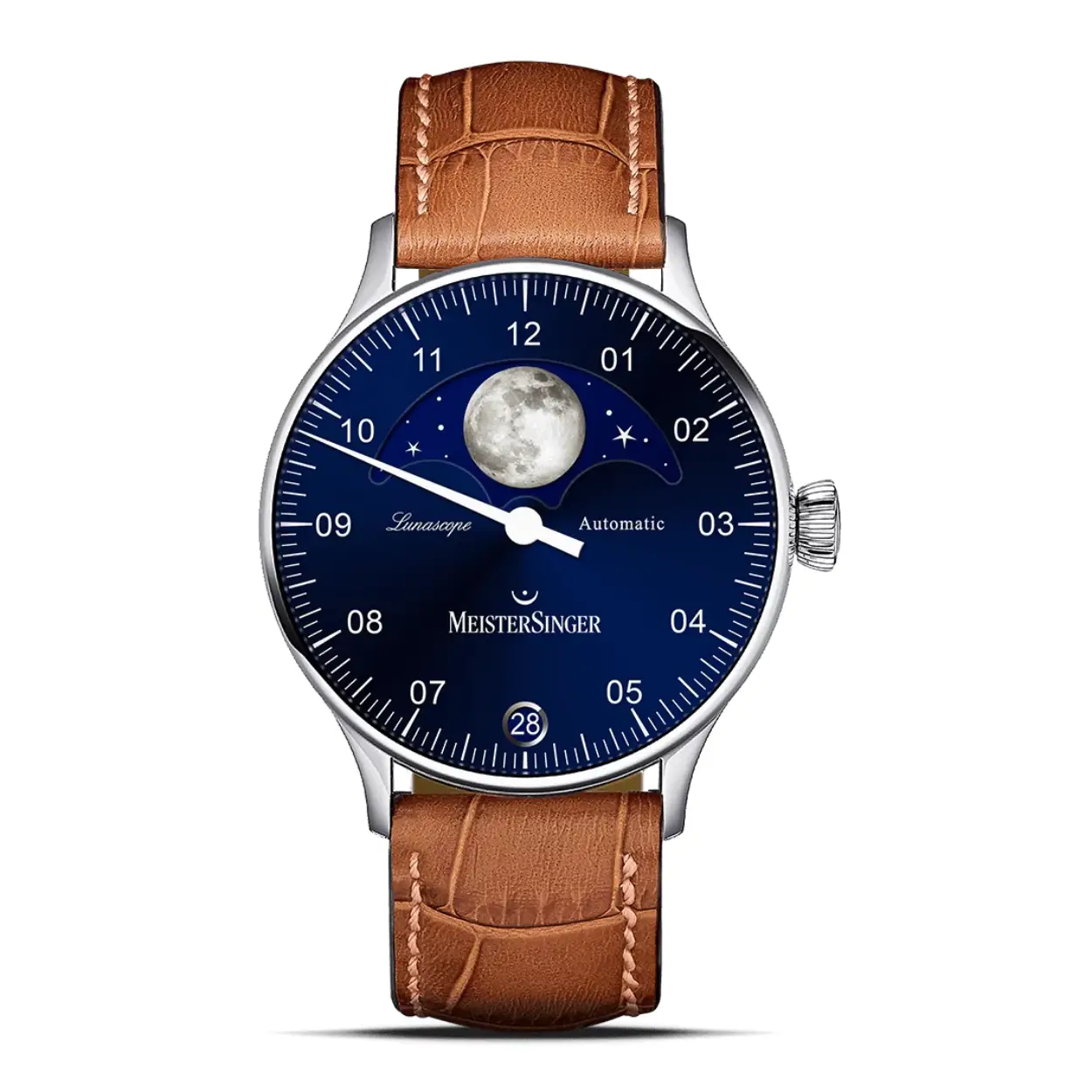 Binnen in de Lunascope tikt het Zwitserse automatische kaliber MS Luna met de door MeisterSinger ontwikkelde maanfasemodule. De basis daarvoor is het Zwitserse kaliber Sellita SW220, dat speciaal voor de eenwijzerhorloges van MeisterSinger aangepast wordt. De maanfase-indicator van de Lunascope werkt buitengewoon precies: die hoeft pas na 122 jaar een beetje te worden geholpen. De datumweergave kan door de snelschakeling eenvoudig worden ingesteld. Via de rotor wordt het horloge voorzien van een gangreserve van 38 uur.