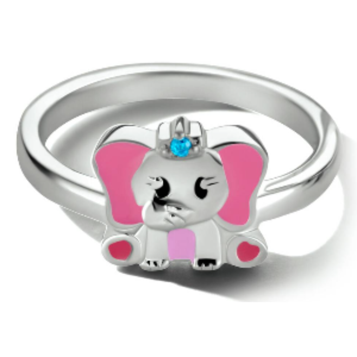 Gerhodineerd 925 zilveren ring uitgevoerd met een olifant. De ring heeft een breedte van 8mm met een blauwe zirkonia