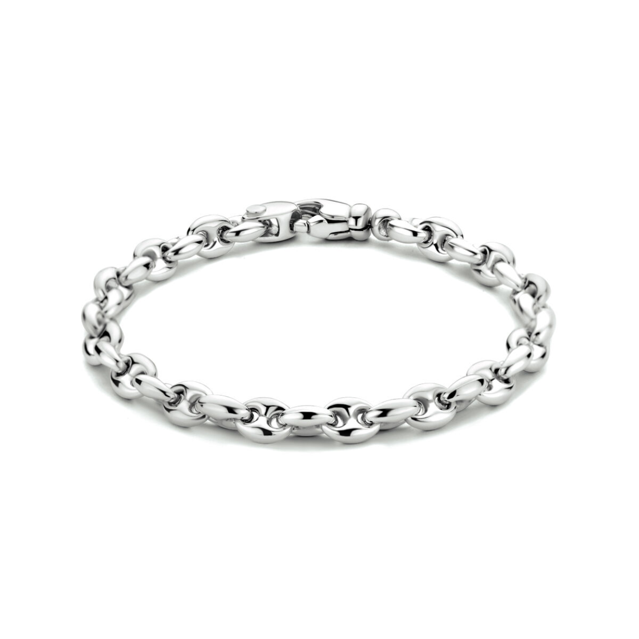 Gerhodineerd 925 zilveren koffieboon armband met een schakelbreedte van 6.2mm. De armband heeft een draaglengte van 19cm en een stevige karabijn sluiting.