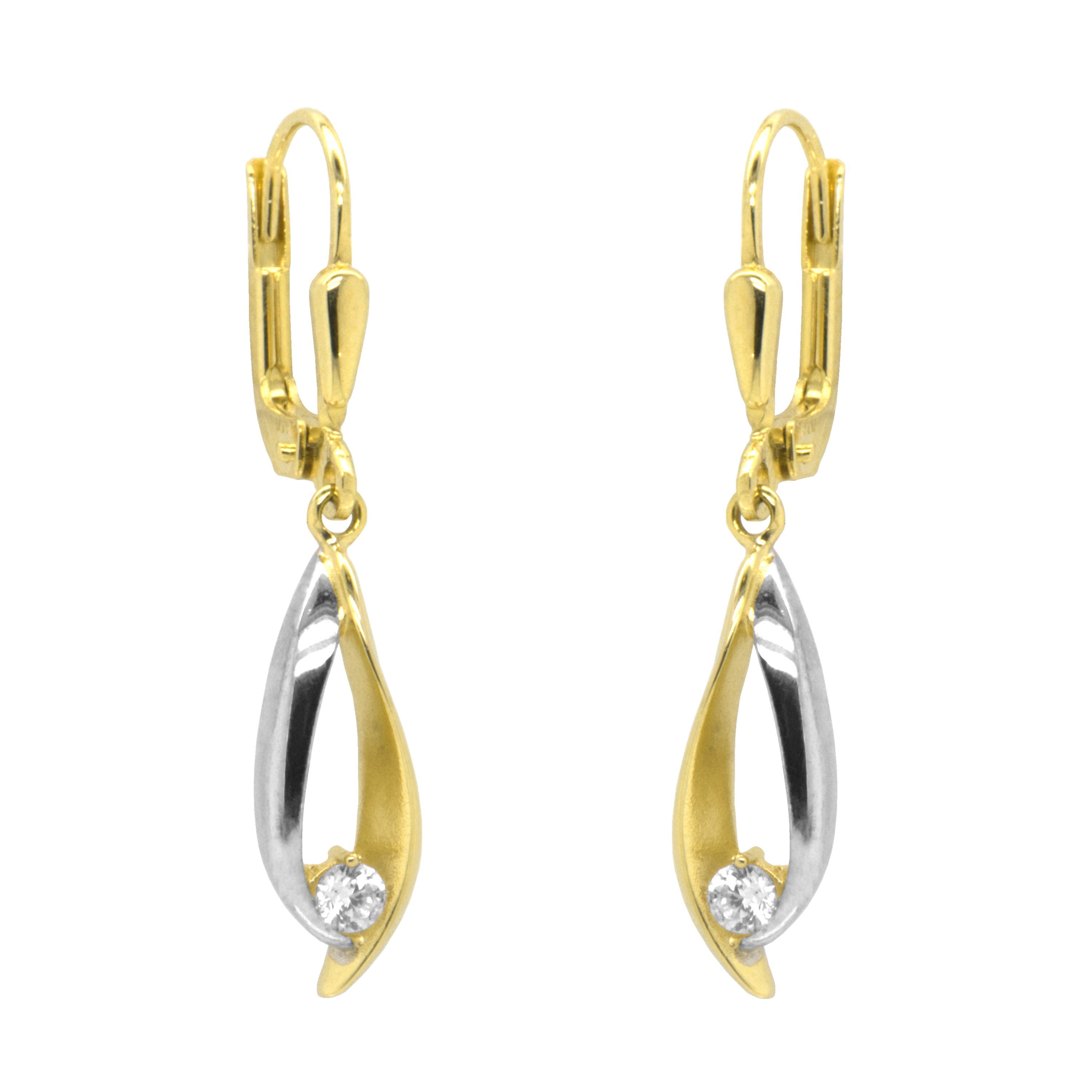 Deze bicolor gouden oorhangers zijn ontzettend elegant. Aan de buitenzijde zijn de oorhanger glad gepolijst en aan de binnen zijde zijn de oorhangers gematteerd. In het midden is een briljant geslepen zirkonia steen gezet, wat zorgt voor een complete uitstraling.