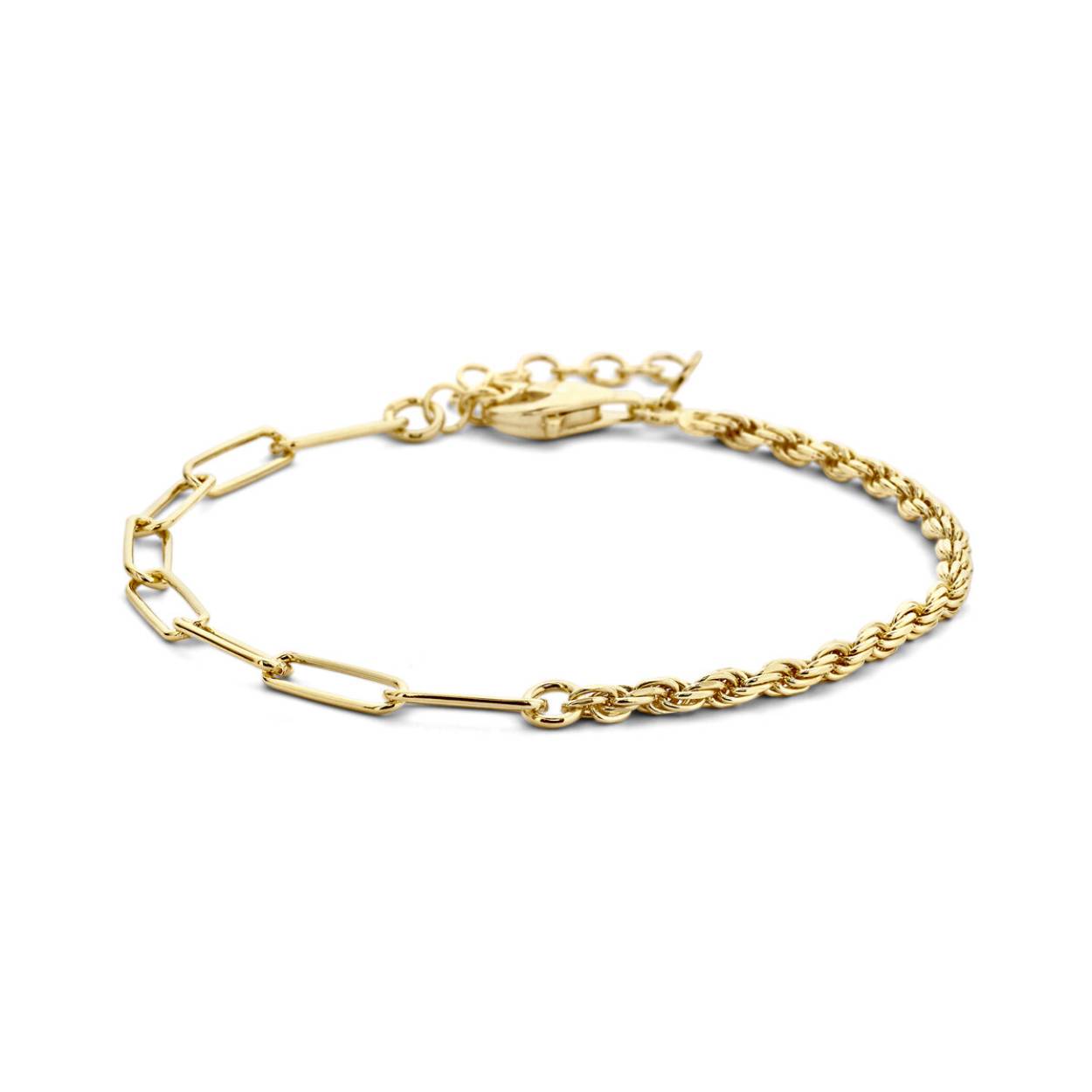 Geelgoud op 925 zilveren armband met schakelbreedtes van 2.5 en 3.5mm. De armband heeft draaglengte van 16cm en een extensie van 3cm. Uitgevoerd met een karabijn sluiting. 