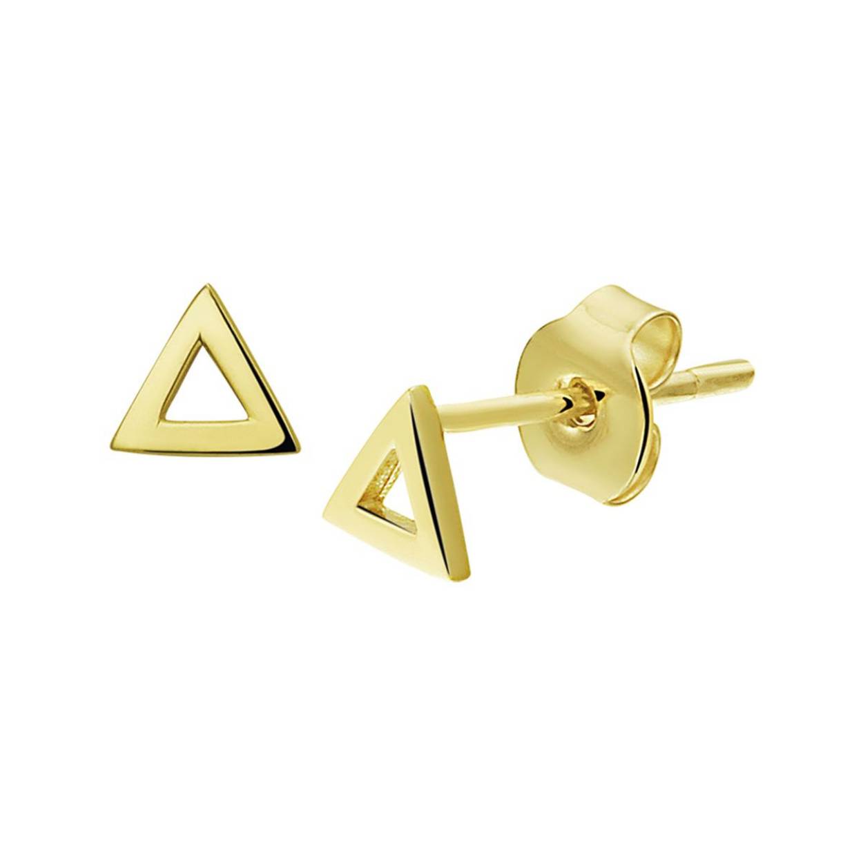 Geelgouden oorknoppen met een afmeting van 4.6x5.2mm in de vorm van een driehoek uitgevoerd met een stevige poussette sluiting.