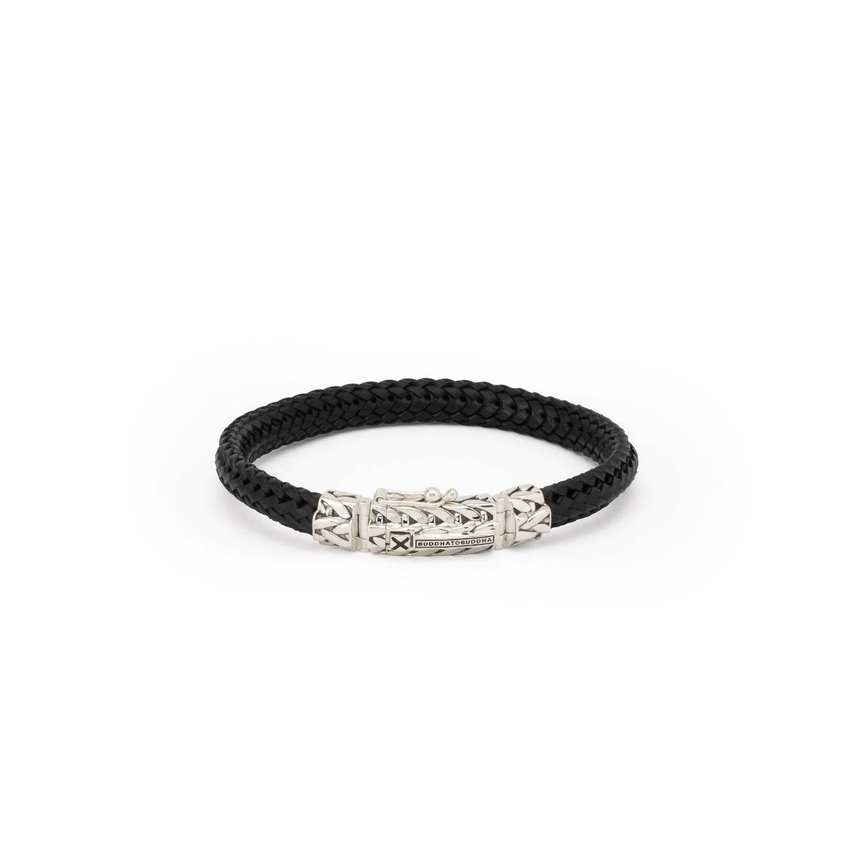 E+ - Buddha To Buddha massief zilveren -combinatie van Nurul en Ellen schakel armband en zwart leer met een bak sluiting en een veiligheidsachtje - 863BL-Nurul/Ellen mix- E+