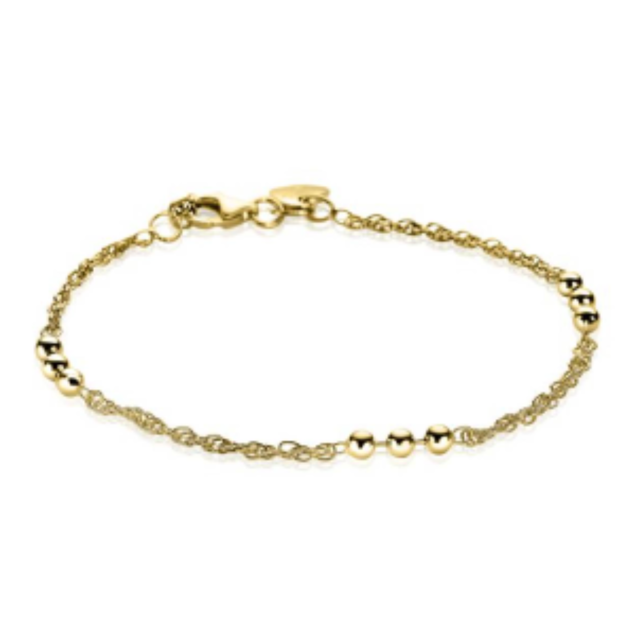 ZINZI zilveren armband geel verguld met gedraaide fantasie schakel en 3 bolletjes, gelijkmatig verdeeld over de armband. Met herkenbaar ZINZI hartje bij de sluiting. De armband is vervaardigd van eerste gehalte zilver (925) en voorzien van een extra geelgoudkleurige laag. Combineer meerdere zilveren armbanden aan je pols en in verschillende kleuren.
