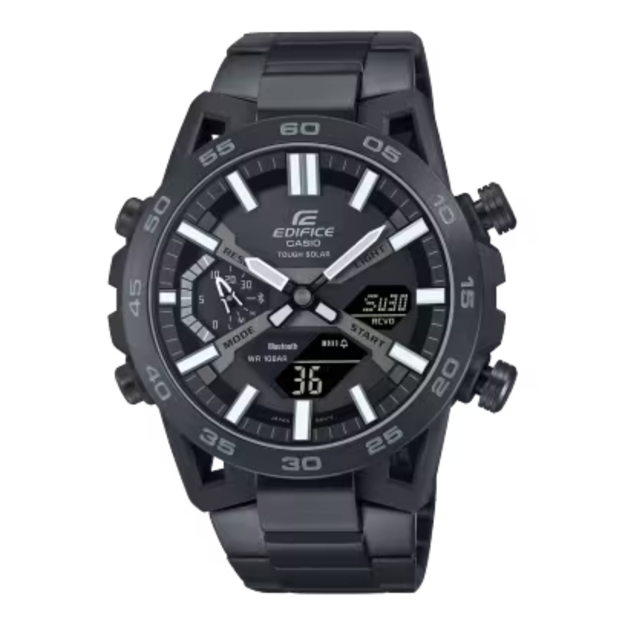Dit Casio horloge behoort tot de Edifice Sospensione collectie.
Referentienummer: ECB-2000DC-1BEF

Neem snelheid en slimheid in eigen hand met EDIFICE, een analoog-digitale combinatie op zonne-energie. 

De SOSPENSIONE ECB-2000 is geïnspireerd op de wielophanging van raceauto's en is de eerste EDIFICE met een behuizing van met koolstofvezel versterkt hars, dankzij een uniek ontwerp dat de lugs in een configuratie met vier armen plaatst. Ook de lugs zijn versterkt met koolstofvezel, waardoor zowel het ontwerp als de materialen van dit horloge een ware motorsportgeest hebben. 

Synchroniseren met je smartphone via Bluetooth® is een fluitje van een cent. Gebruik de speciale app voor toegang tot de nauwkeurige tijdregistratie die zo belangrijk is voor raceteams, en om de wereldtijd moeiteloos te beheren en stopwatchgegevens die tot op de milliseconde worden gemeten over te brengen naar je smartphone. De LED Super Illuminator zorgt ervoor dat het bekijken van de analoog-digitale wijzerplaat geen enkel probleem is, en het Tough Solar-systeem zorgt ervoor dat het horloge goed opgeladen is. Je kunt daardoor zelfs functies met een hoge belasting uitvoeren bij slechts een kleine hoeveelheid licht.
