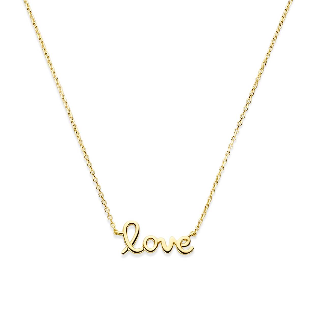 14k Geelgouden collier uitgevoerd met de tekst love. Het collier heeft draaglengtes van 40, 42 en 44cm. De schakelbreedte is 0.8mm.