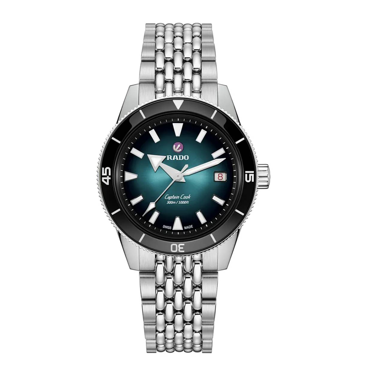 Rado Captain Cook 39mm met blauwe wijzerplaat en EasyClip-systeem waarmee je de band eenvoudig en snel kan veranderen.