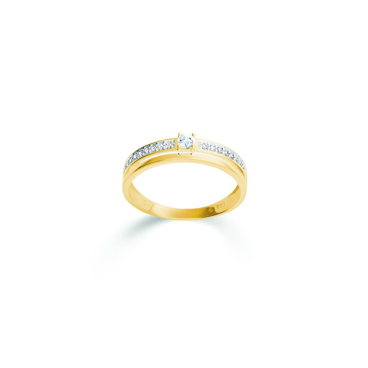 Gouden ring, dubbele scheen met zirkonia