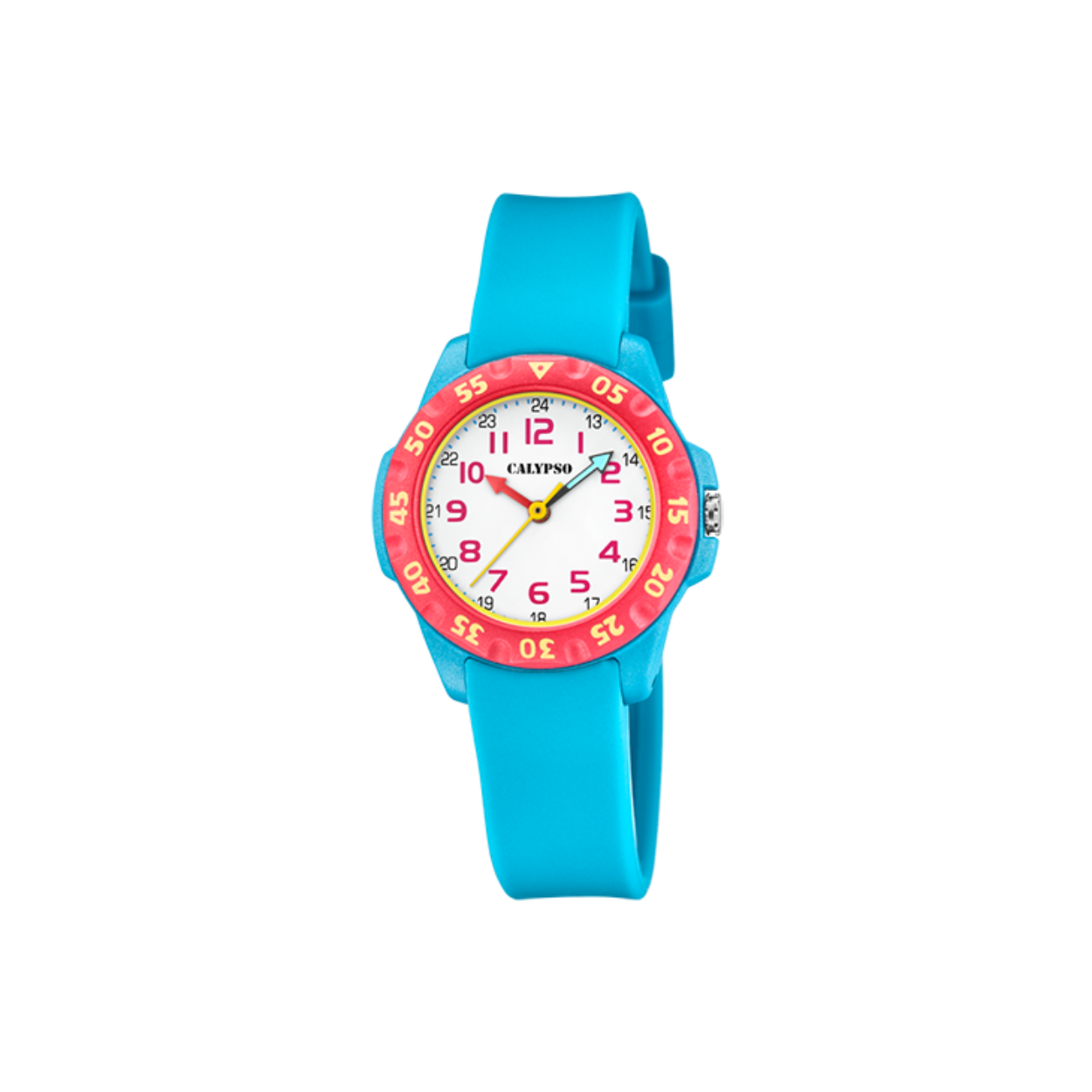 Een stoer kinderhorloge waarmee ze nooit meer te laat komen! Kunststof kast met een rubber band en aangeduid met arabische cijfers. Tot wel 10 ATM waterdicht.