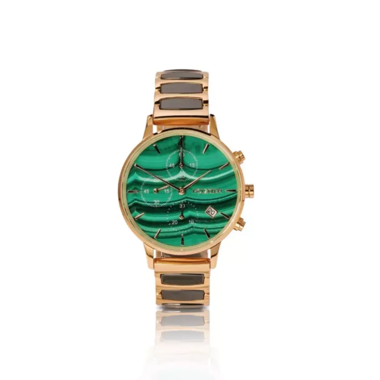 Case	diameter 36mm, made of stainless steel in gold
Dial	Genuine green malachite
Movement	Quartz movement by Epson
Bracelet	Adjustable size bracelet made of ceramic and stainless steel in gold (fits any female wrist)
Extra Features	Water-resistant up to 5ATM
Integrated date display
Practical stop function