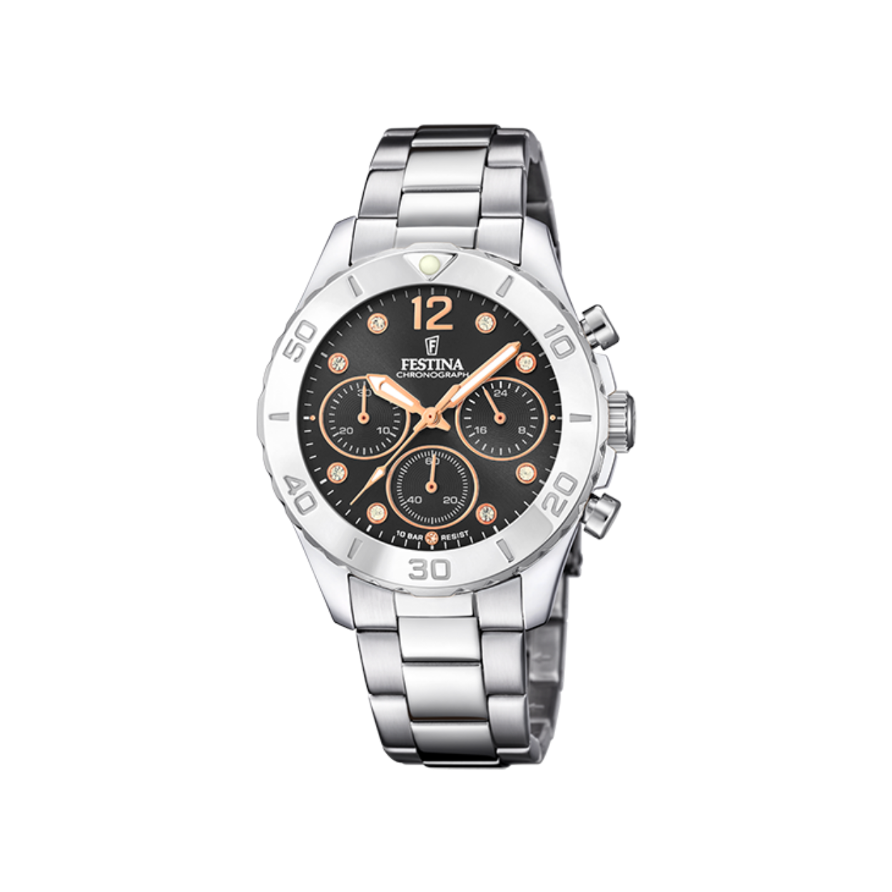 Festina dames Horloge uit de serie Boyfriend. zwarte wijzerplaat met rosegoud kleurige wijzers.