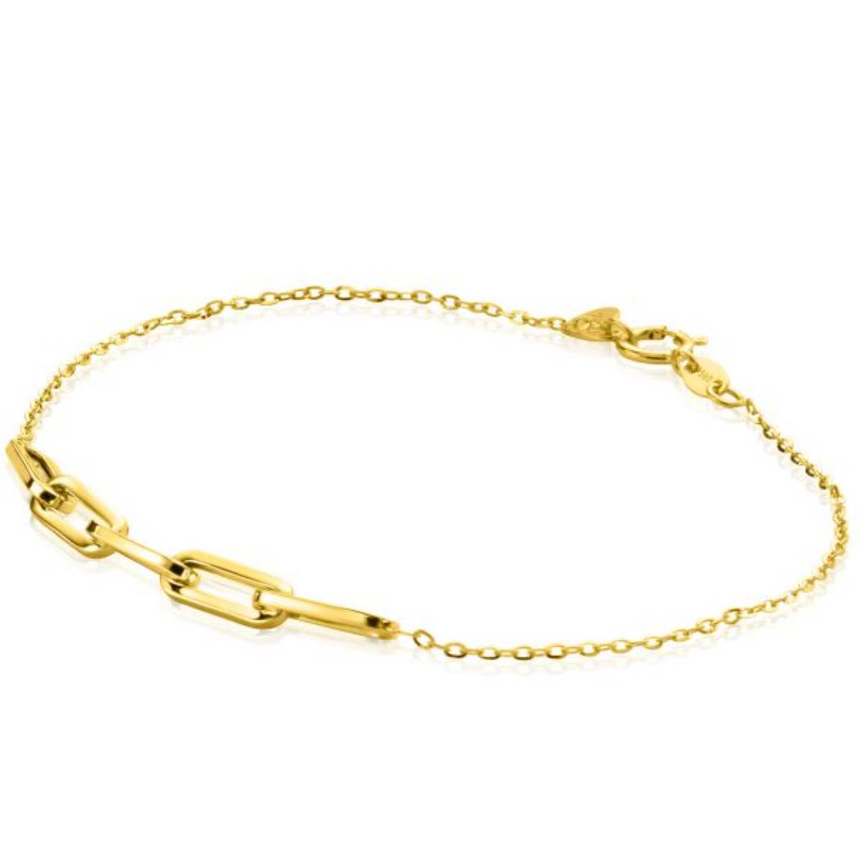 ZINZI Gold 14 karaat gouden armband met in het midden vijf trendy paperclip-schakels van 4mm breed. De lengte van de armband is te variëren tussen 17-19cm. Vervaardigd van geheel 14 karaat goud (585). En herkenbaar 'Zinzi' door het kleine gouden Zinzi hartje bij de sluiting.
