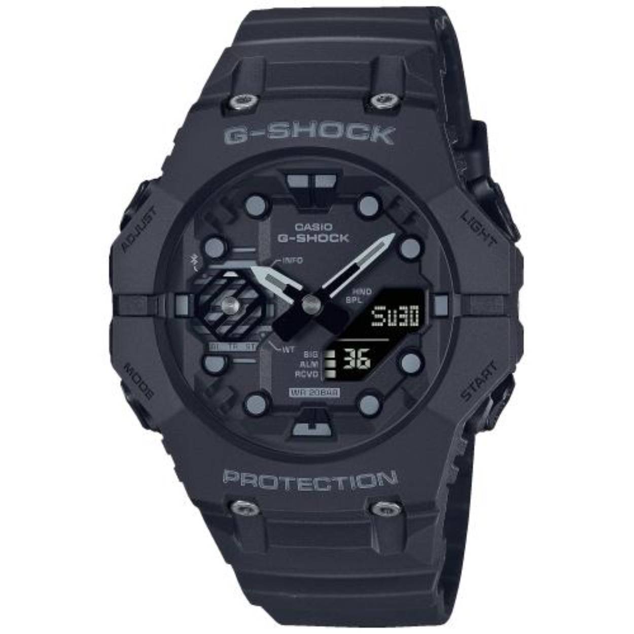 Maak kennis met de GA-B001-serie G-SHOCK-horloges - Met een nieuw, robuust ontwerp en Smartphone Link-functionaliteit in gedurfde kleurenschema's die je meenemen naar de stijlvolle straten in de stad. Deze horloges zijn niet alleen stijlvol, maar zijn ook functioneel. Synchroniseer met je smartphone via Bluetooth® en maak gebruik van de speciale app voor toegang tot de functies die je nodig hebt. De GA-B001-serie heeft een innovatieve constructie, met twee afzonderlijke randcomponenten aan de boven- en onderkant die op de 9- en 3-uurspositie met elkaar verbonden zijn. Deze vindingrijkheid wordt aangevuld met een zorgvuldige aandacht voor detail, met indexmarkeringen en een uniek gevormd lcd-scherm dat is ontworpen als nooit tevoren op een G-SHOCK. Kies uit geheel zwart, ofwel zwart of turquoiseblauw in een doorschijnende kleurschakering, of de nieuwste uitbreiding, rood.